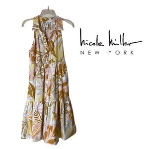 Nicole Miller Whimsical Whtie Floral Linen Blend Button Up Dress Size M